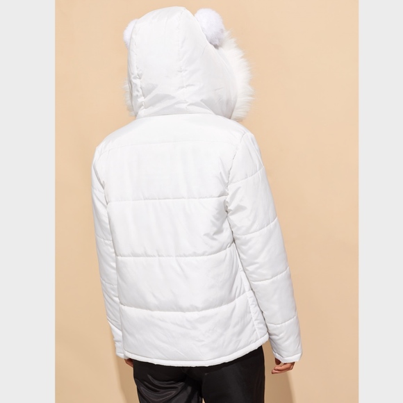 White Hooded Zip Up Puffer Jacket Vegan Fur - Picture 2 of 6